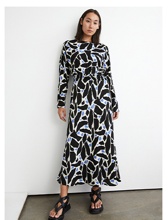 Abstract Print Shirred Waist Midi Dress