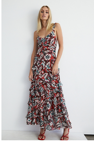 Floral Chiffon Strappy Frill Maxi Dress