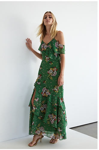 Floral Chiffon Frill Maxi Dress