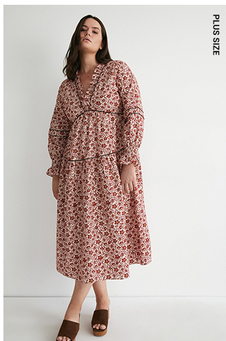 Plus Size Floral Piping Detail Midi Dress