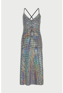  Holographic Sequin Ruched Front Midi Dress