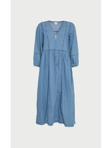 denim zip front v neck midi dress
