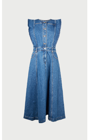 denim lipped shoulder denim midi dress