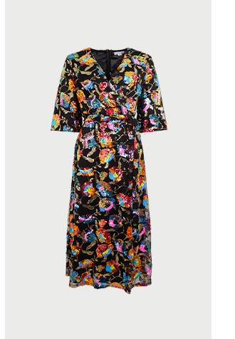 floral sequin midi wrap dress