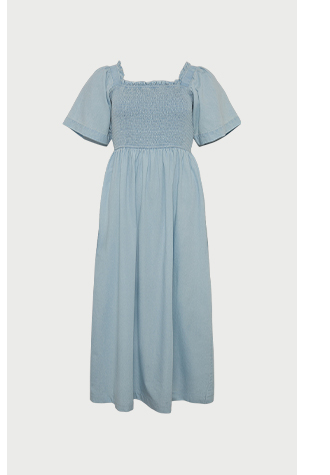 denim square neck shirred bodice midi dress