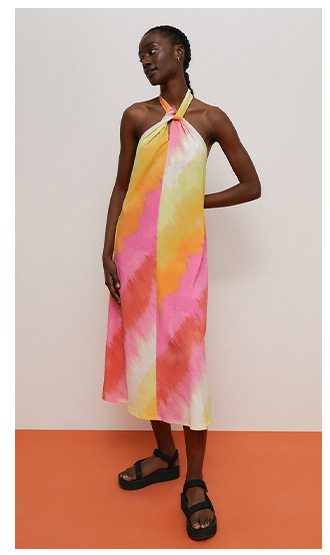 tie dye recycled print halter neck midi dress