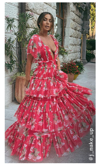 v neck tulle maxi dress in floral