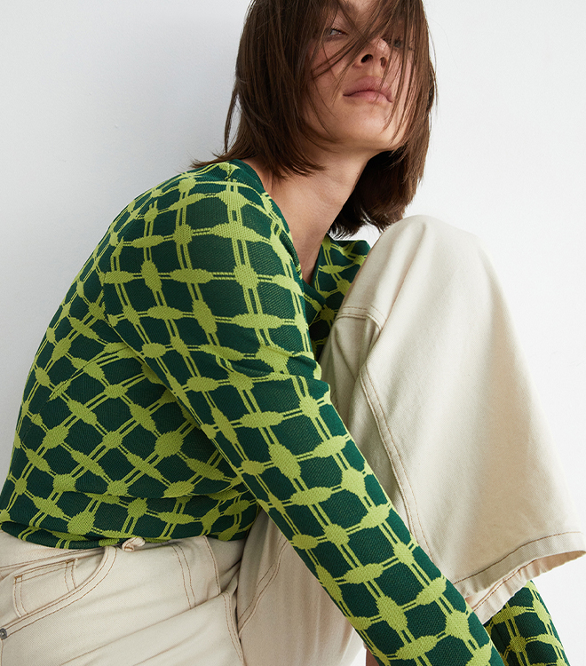 check jacquard crew neck top
