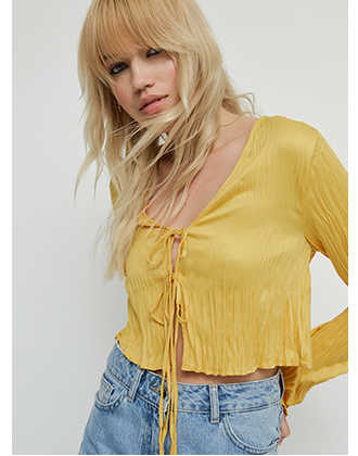crinkled satin tie blouse coord