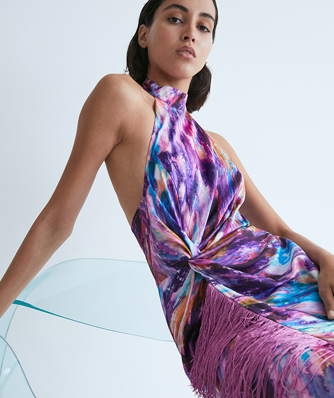 wh x kimberley burrows fringe detail halter midi dress