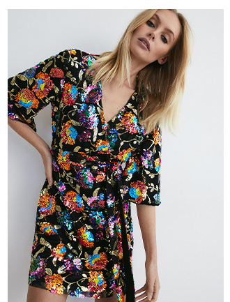 floral sequin wrap mini dress