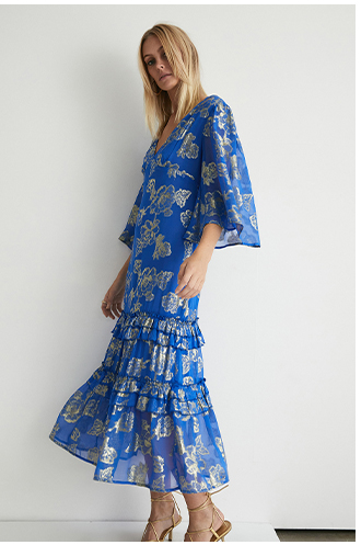 sparkle jacquard v neck frill maxi dress