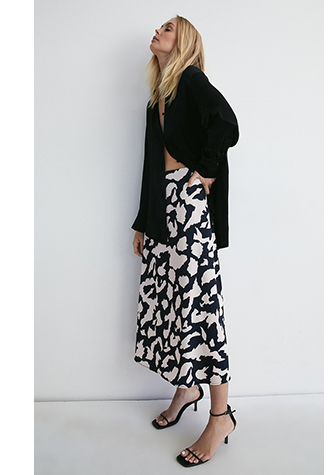 satin printed midi slip skirt