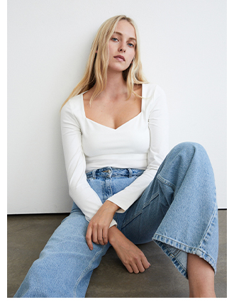 clean cotton sweetheart neck long sleeve top