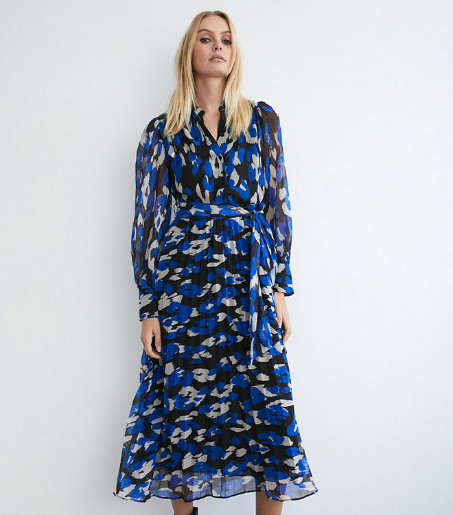 recycled animal belted pleated midi shirt dress