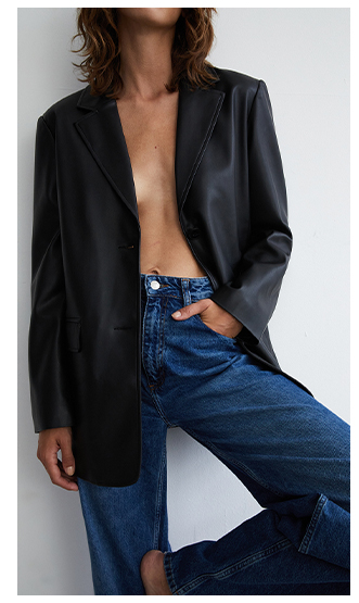 single breasted modern faux leather blazer