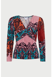 scarf print plisse twist v neck top