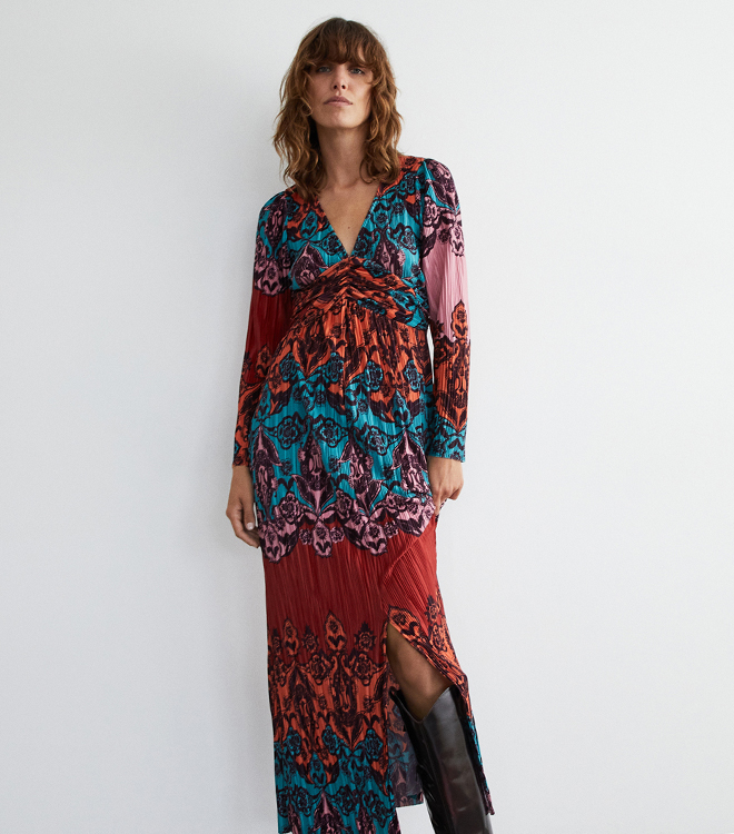 scarf print plisse twist v neck midi dress