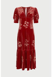 velvet floral embroidered tiered midi dress