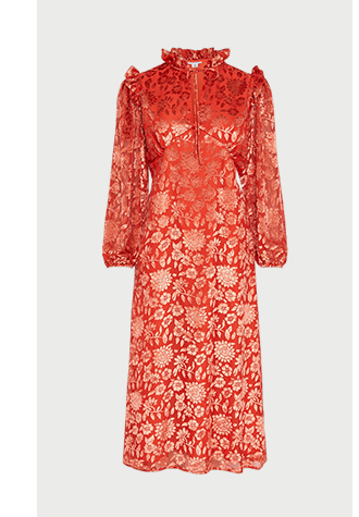 floral devore tie neck midi dress