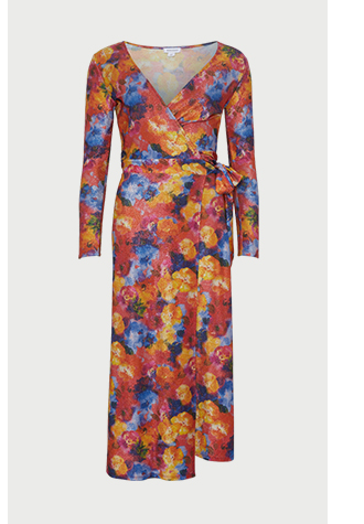 metallic abstract print tie wrap midi dress