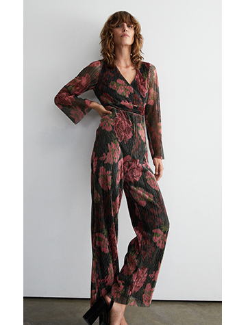 floral metallic plisse wrap jumpsuit