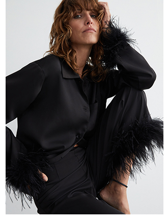 satin feather trim wide crop trouser
