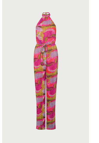 abstract metallic plisse halter jumpsuit