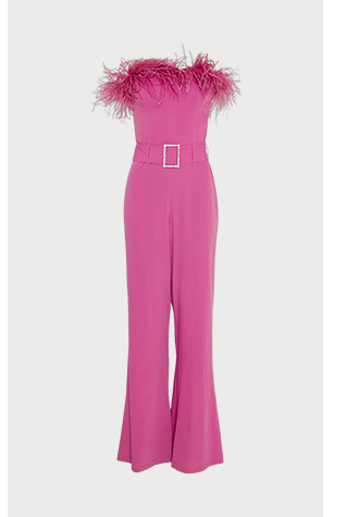 feather bardot diamante belted jumpsuit