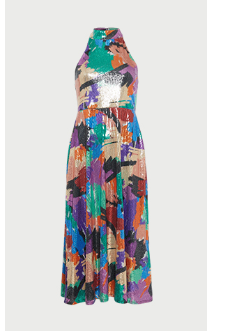 printed sequin halter neck midi dress
