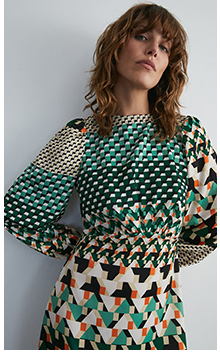 geo print long sleeve tea midi dress