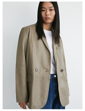 real leather double breasted relaxed blazer