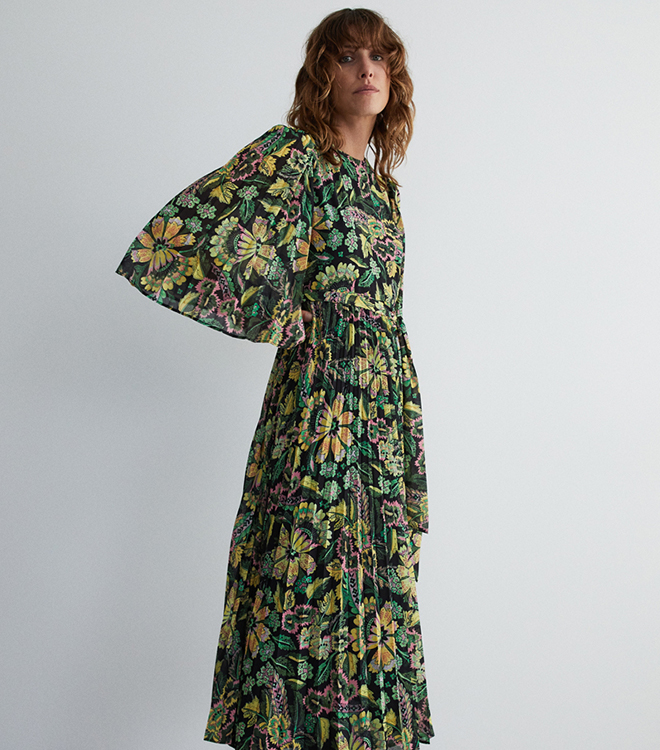 floral pleated belted midi dress