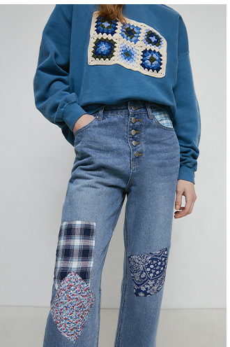 denim patchwork straight leg jeans