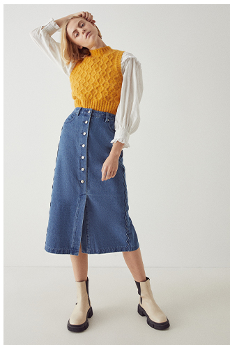 denim scallop side seam midi skirt