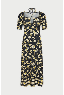floral placement print keyhole midi dress