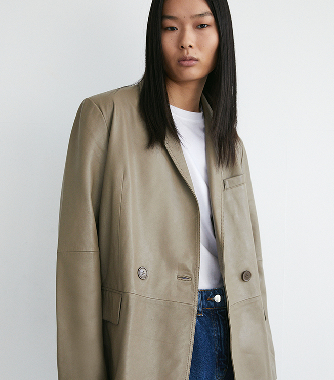 real leather double breasted relaxed blazer