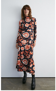floral print roll neck long sleeve midi dress