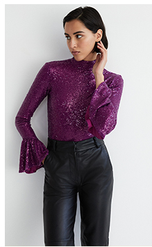 sequin bell sleeve funnel neck top