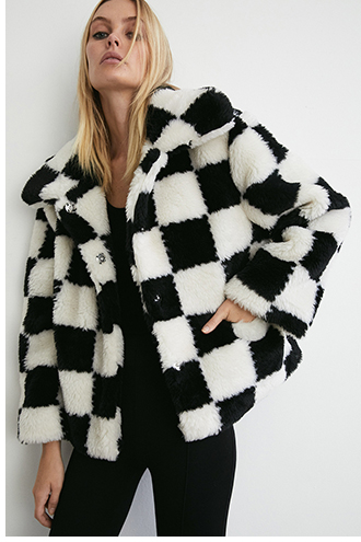 checkerboard short fur jacket