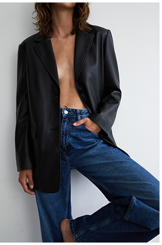 single breasted modern faux leather blazer