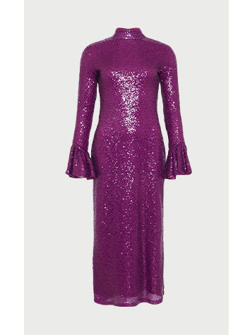 sequin bell sleeve funnel neck midi dress
