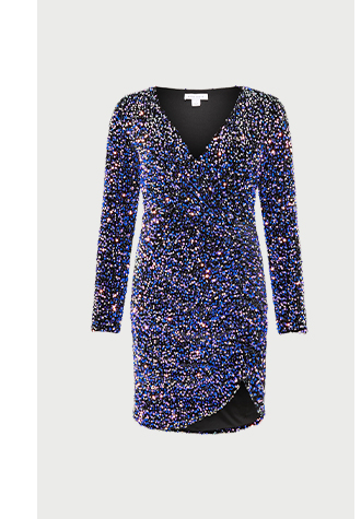 velvet holographic sequin wrap mini dress