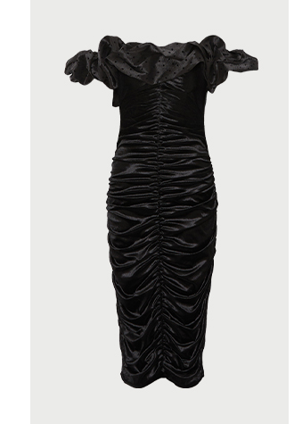 velvet organza frill ruched midi dress