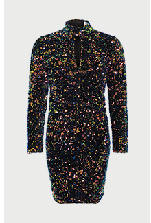 velvet sequin iridescent keyhole mini dress