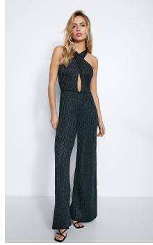 metallic twist neck knit jumpsuit