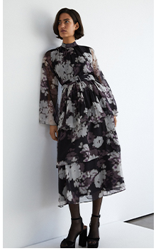 recycled tiered chiffon belted midi dress
