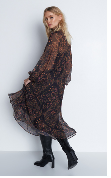 paisley chiffon tie neck pleated dress