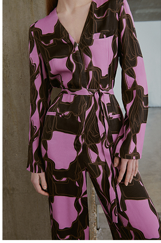 premium satin abstract swirl print wide leg relaxed jumpsuit