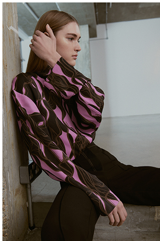 premium satin abstract swirl print funnel neck top with wide cuf